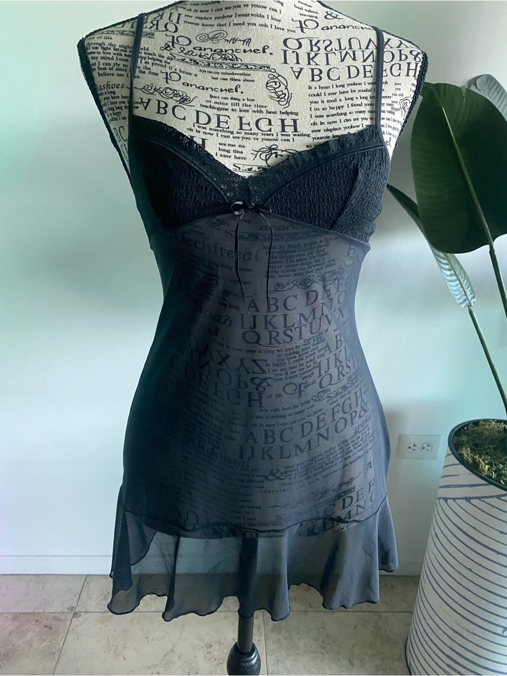 Victoria's Secret Black Sheer Lace-Top Slip Dress